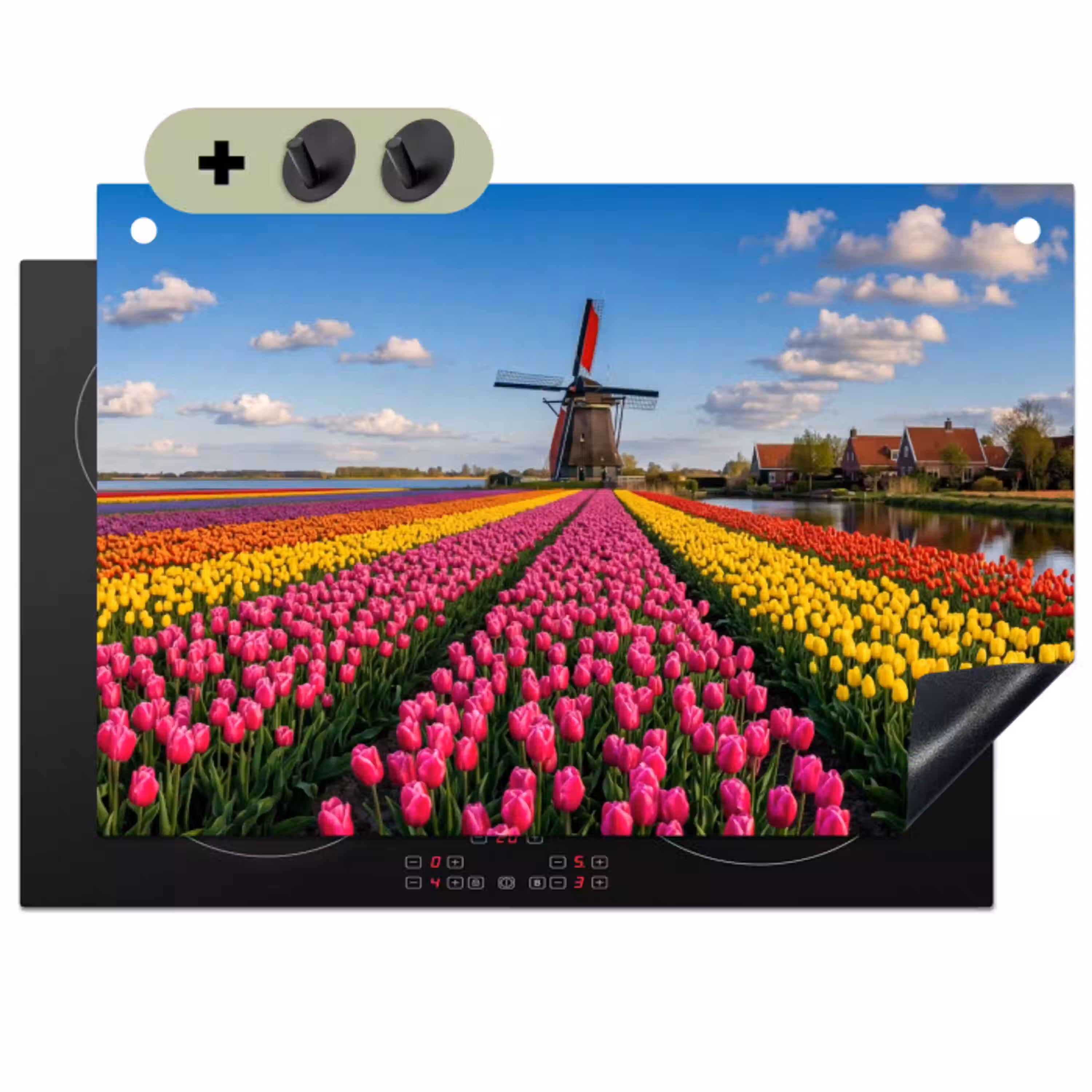 Tulpen - Holland - Molen - Kleurrijk Inductie beschemer met haakjes klein -3d