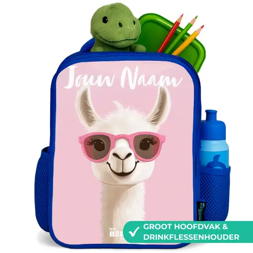 Lama - Wit - Zonnebril - Wimpers Kinderrugzak - Blauw middel -inhoud_NL
