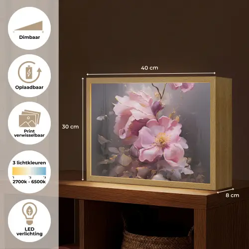 Bloemen - Roze - Stilleven - Kunst Light Box met batterij (Wandlamp) middel -USP_websiteoverzichtNL