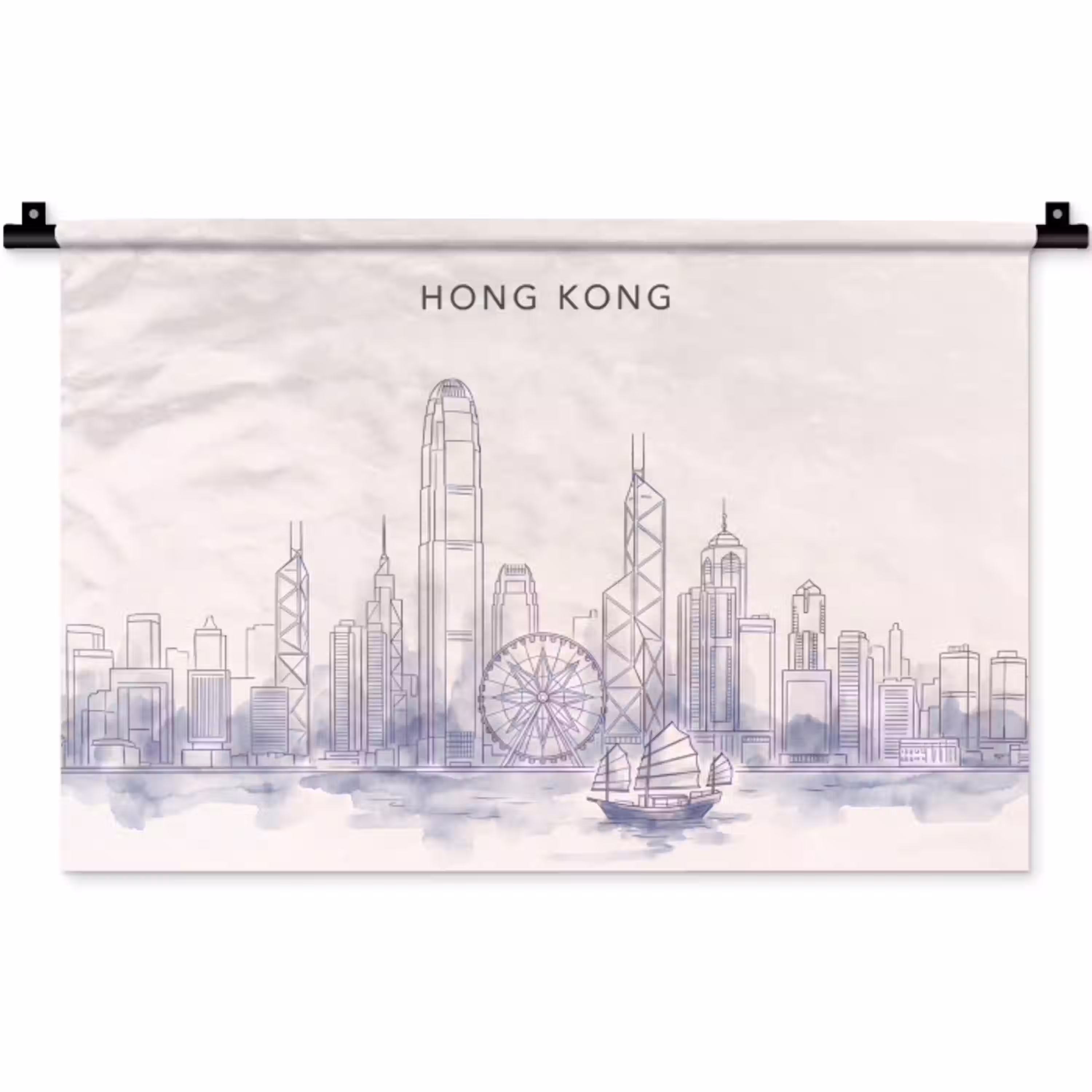 Stad - Skyline - Water - Lijntekening - Blauw Wandkleed katoen klein -zz3d