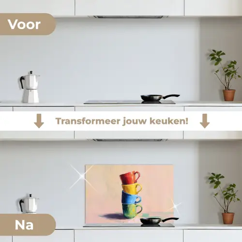 Mokken - Gestapeld - Keramiek - Kleurrijk keuken achterwand spatscherm klein -voor_na_NL