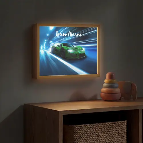 Groene racewagen - Blauw - Neon - Licht Light Box met batterij (Wandlamp kind) middel -sfeer5_kind