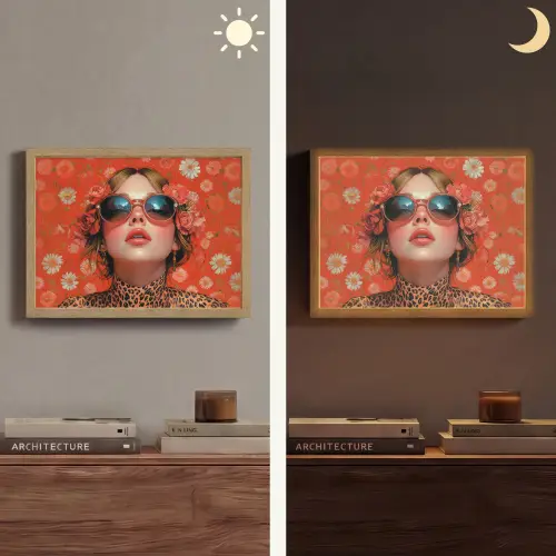 Vrouw - Kleurrijk - Dierenprint - Bloemen Light Box met batterij (Wandlamp) middel -sfeer3