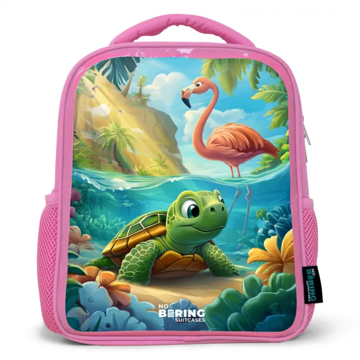 Schildpad in tropisch water met flamingo Kinderrugzak - Roze middel -3d