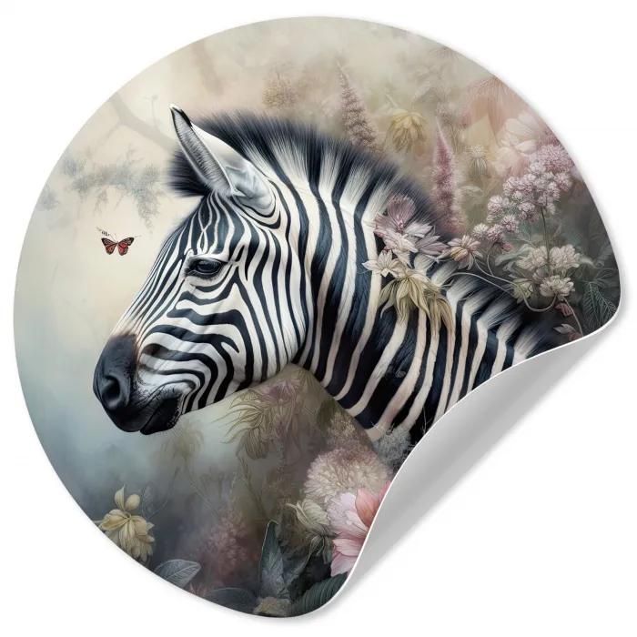 Zebra - Wilde dieren - Vlinder - Bloemen Wandcirkel behangsticker klein -3d