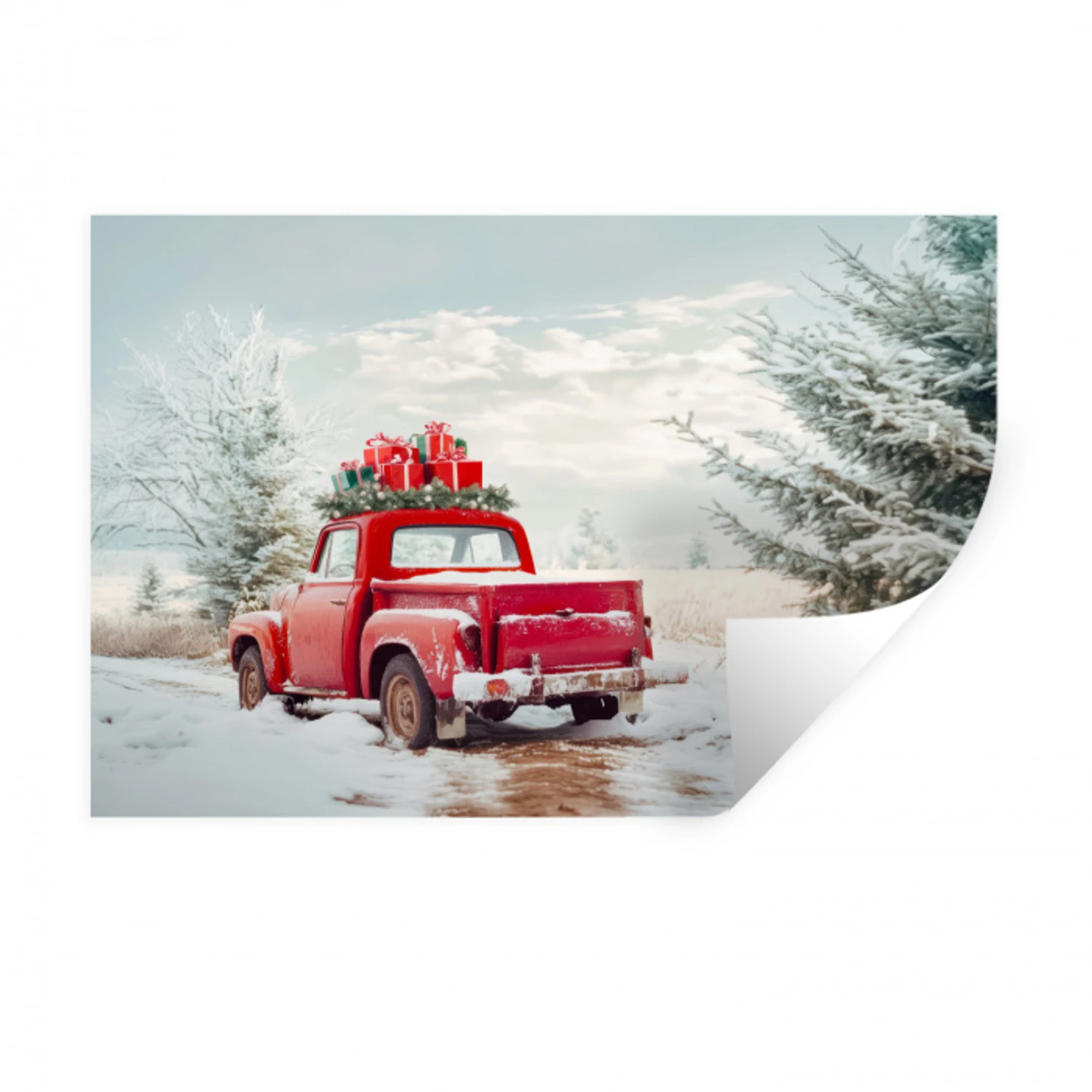 Auto - Rood - Cadeaus - Winter - Sneeuw - Kerst Muursticker klein -3d