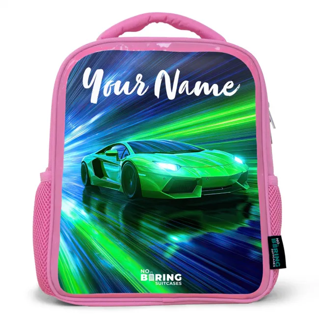 Sportauto - Groen - Snelheidslijnen - Neon Kinderrugzak - Roze middel -3d