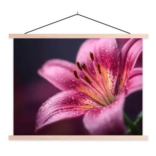 Roze - lelie - Dauwdruppels textielposter latten blank klein -3d