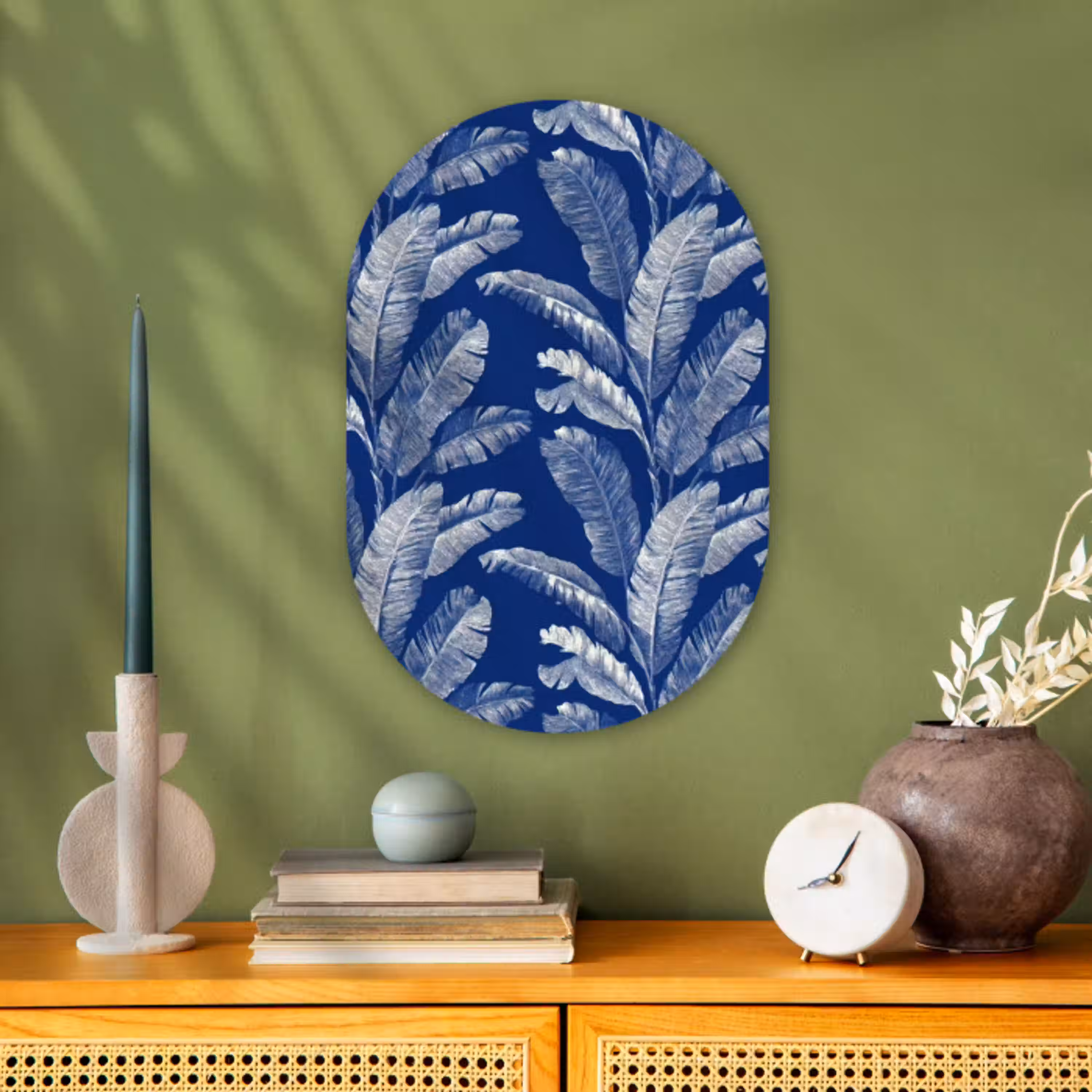 Blad - Palm - Blauw Wandcirkel Ovaal Forex klein 630 -sfeer2