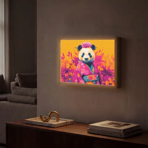 Kimono - Roze - Panda - Bloemenkroon Light Box met batterij (Wandlamp) middel -sfeer1