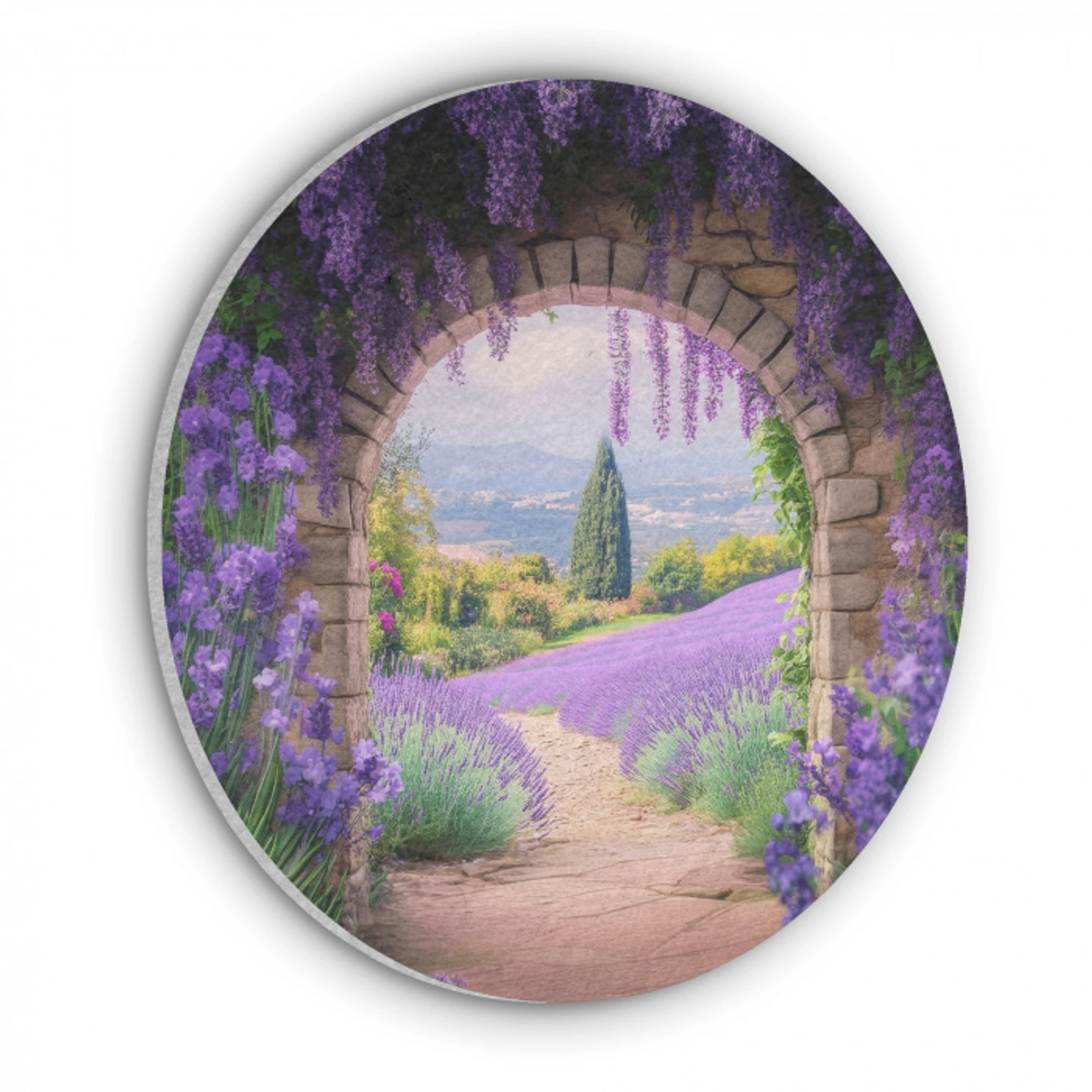 Doorkijk - Lavendel - Bloemen - Paars - Poort Akoestische PET Vilt - Rond klein -3d