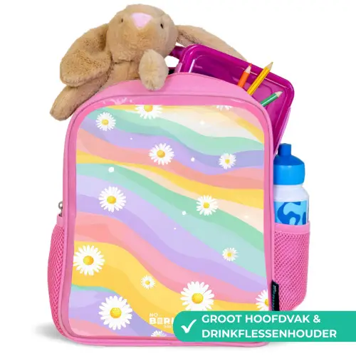Madeliefjes op regenboogachtergrond Kinderrugzak - Roze middel -inhoud_NL