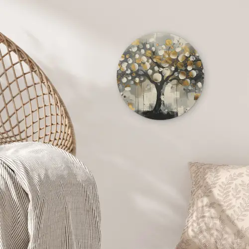 Boom - Abstract - Beige - Goud - Zwart Akoestische PET Vilt - Rond klein -sfeer4