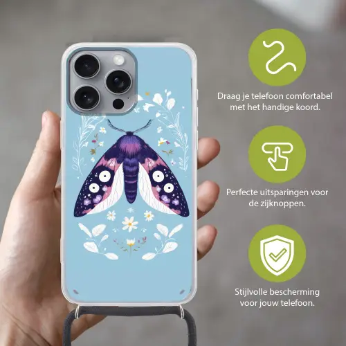 Bladeren - Wit - Vlinder - Insect Hoesje iPhone 16 Pro Max met koord klein -sfeer2_NL