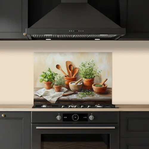 Potten - Kruiden - Hout keuken achterwand spatscherm klein -sfeer1