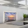 Doorkijk - Zee - Strand - Zonsondergang - Blauw keuken achterwand spatscherm klein -3d_schuin