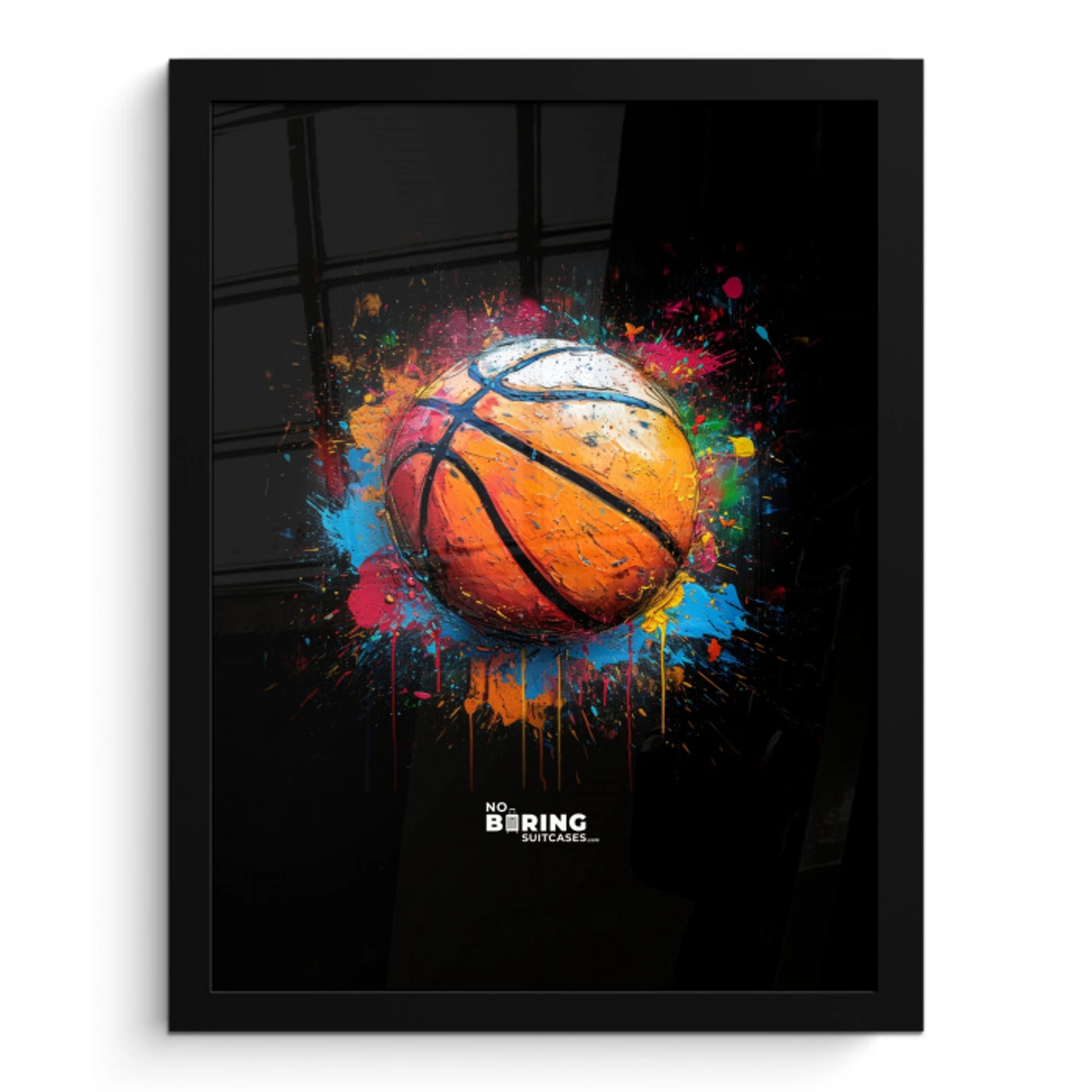 Oranje basketbal te midden van verfspetters fotolijst zwart zonder passe partout klein -3d