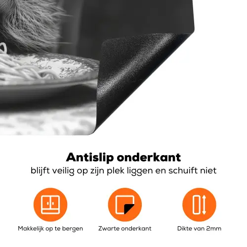 Wasbeer - Cute - Pasta - Tafelkleed - Zwart - Wit Inductie beschermer vinyl 3mm klein -zzzzzzz-td-onderkant