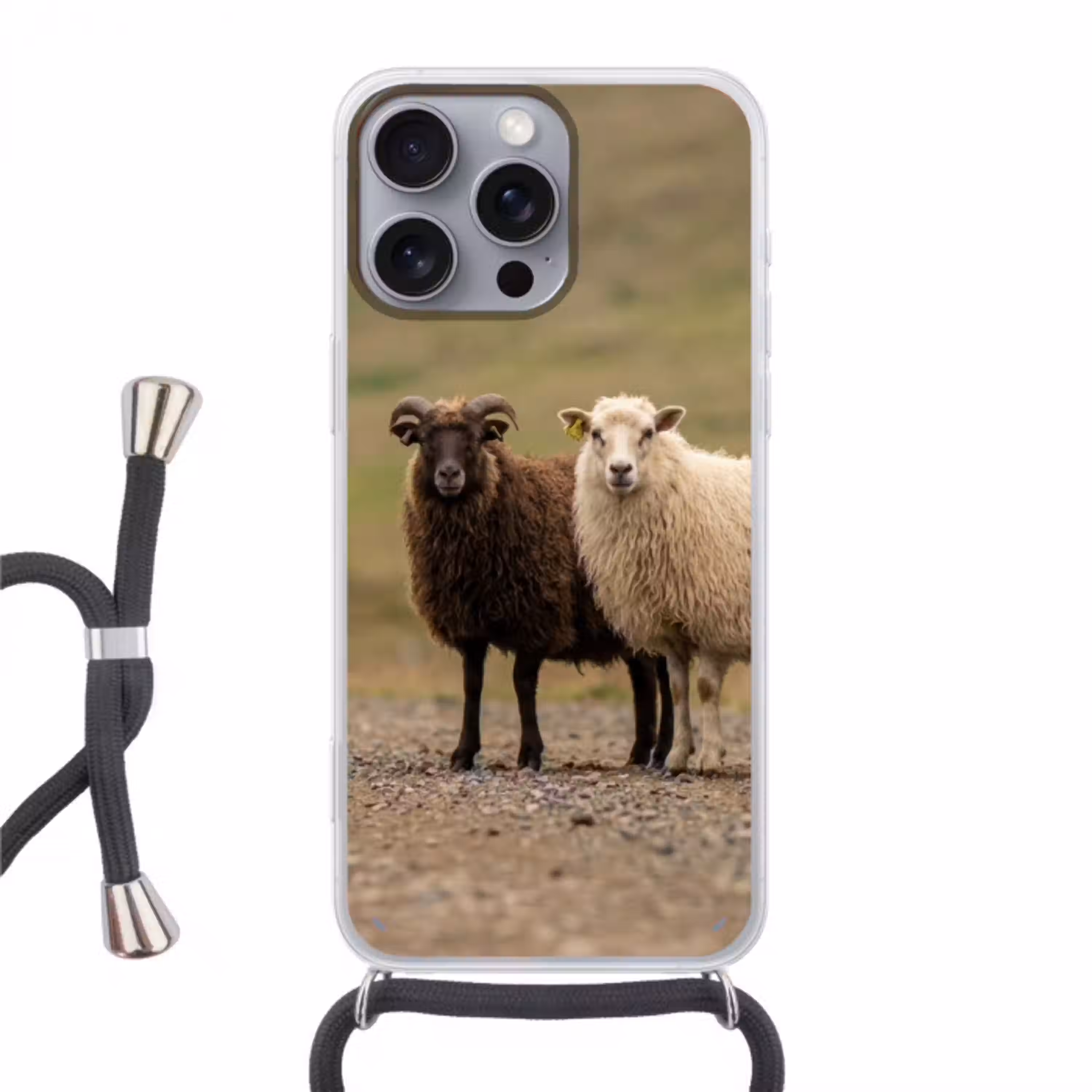 Schapen - Bruin - Wit - Grindpad Hoesje iPhone 16 Pro Max met koord klein -3d