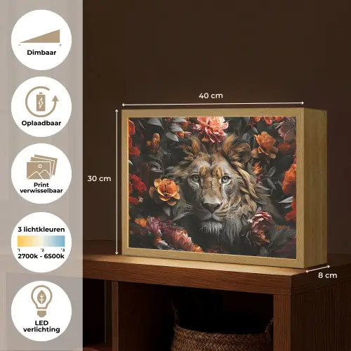Leeuw - Dier - Natuur - Bloemen - Botanisch Light Box met batterij (Wandlamp) middel -USP_websiteoverzichtNL
