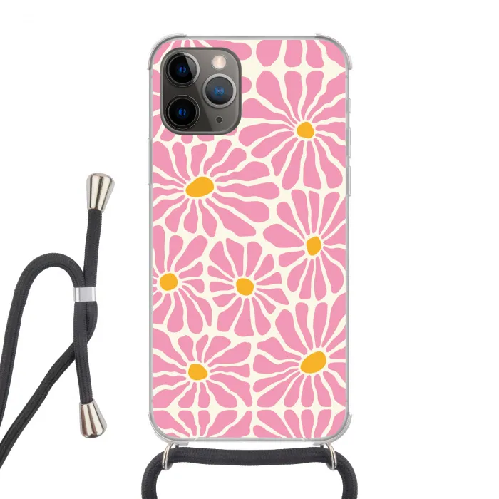 Bloemen - Patroon - Roze - Beige - Oranje Hoesje iPhone 12 Pro met koord klein -3d
