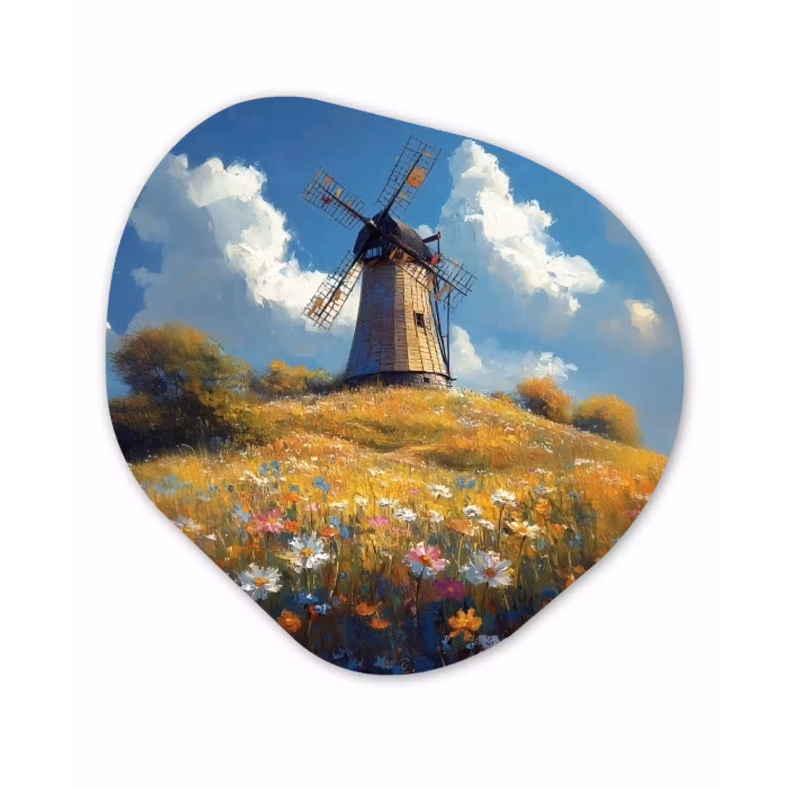 Windmolen - Heuvel - Bloemen - Kleurrijk Wandcirkel Organisch Forex 3mm klein -3d