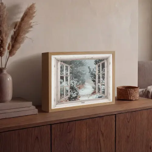 Bos - Winter - Bomen - Natuur - Pad - Doorkijk - Wit Light Box met batterij (Wandlamp) middel -sfeer2