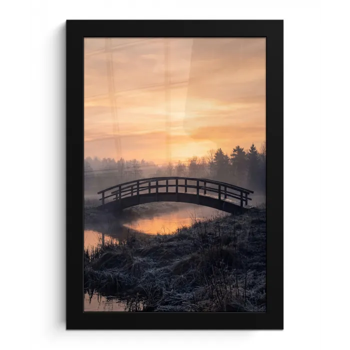 Brug - Mist - Bomen - Water fotolijst zwart zonder passe partout klein -3d