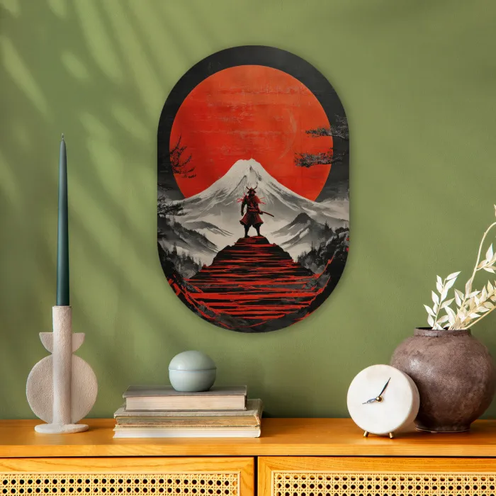 Krijger - Rode trappen - Zon - Berg Wandcirkel Ovaal Forex klein -sfeer2