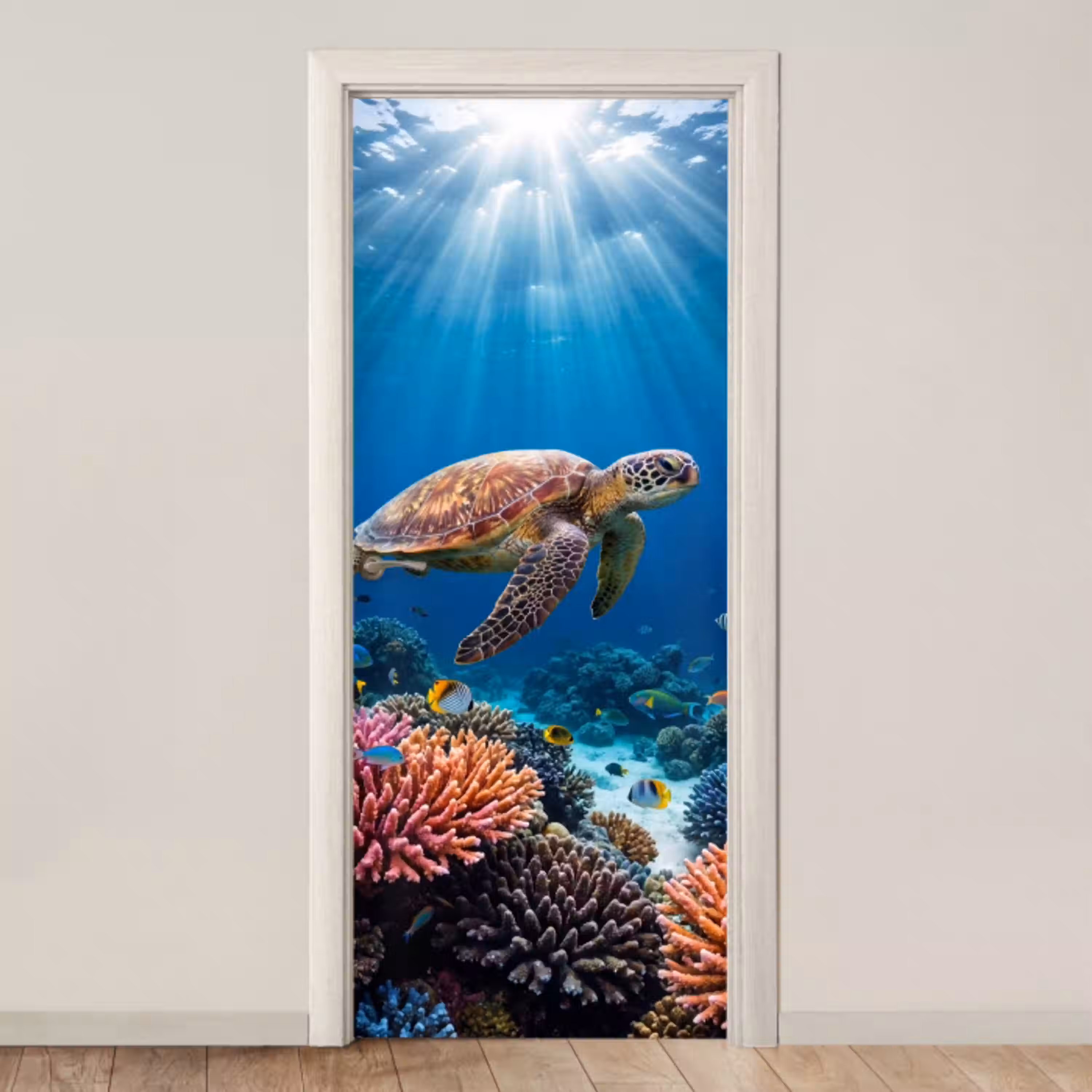 Schildpad - Koraalrif - Oceaan - Dieren - Blauw deurposter klein -3d_beige