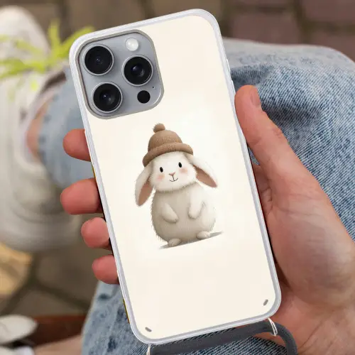 Konijn - Muts - Oren - Beige Hoesje iPhone 16 Pro Max met koord klein -sfeer3