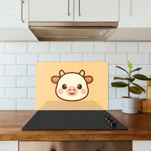 Koe - Oranje - Cartoon keuken achterwand spatscherm klein -sfeer2