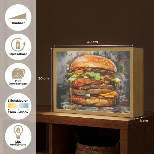 Burger - Eten - Kunst - Grijs - Graffiti Light Box met batterij (Wandlamp) middel -USP_websiteoverzichtNL