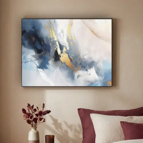 Blauw - Modern - Marmer - Abstract - Goud Textielframe zwart klein -sfeer1
