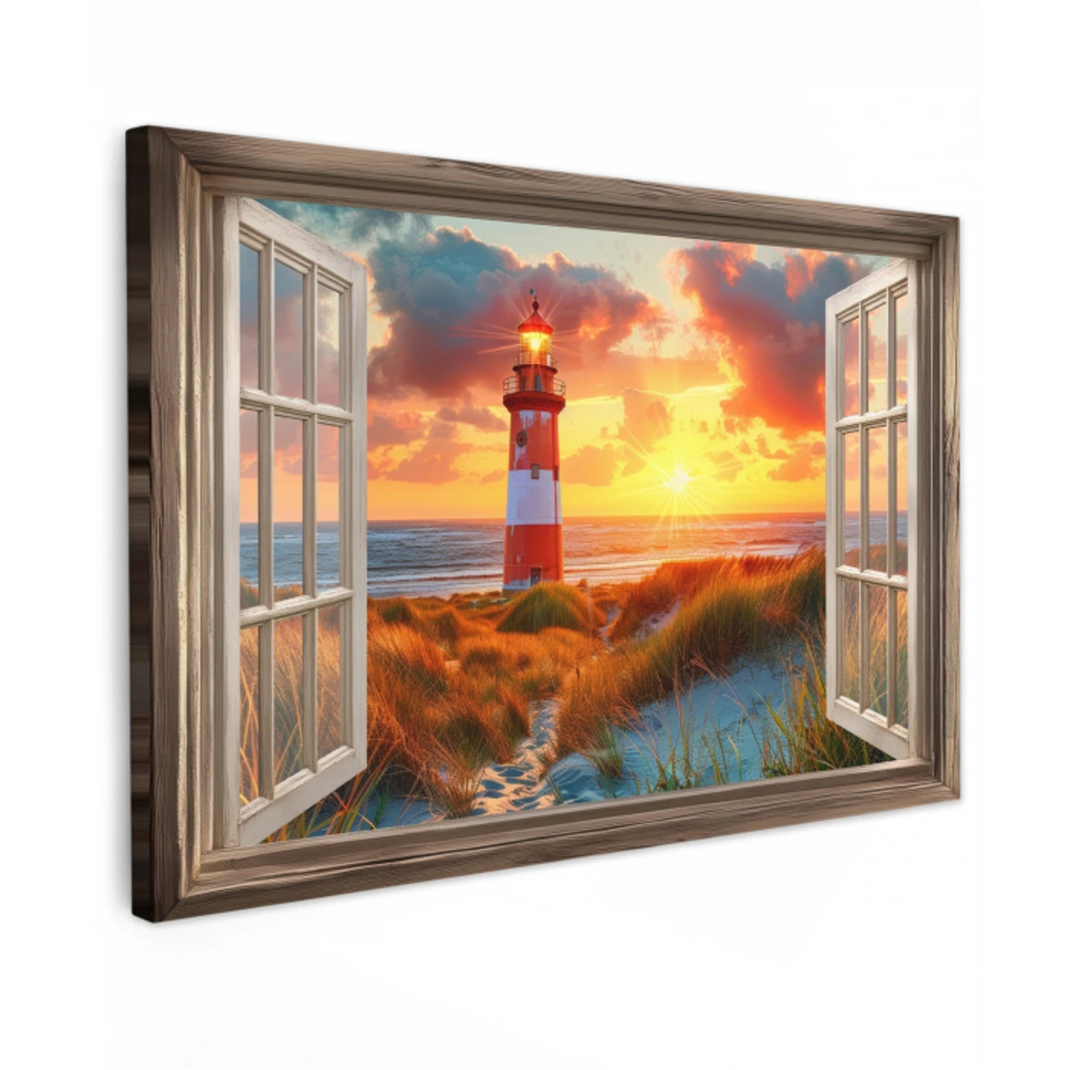 Doorkijk - Raam - Vuurtoren - Zonsondergang - Strand Tuinposter op houten frame 2 cm dik klein -3d