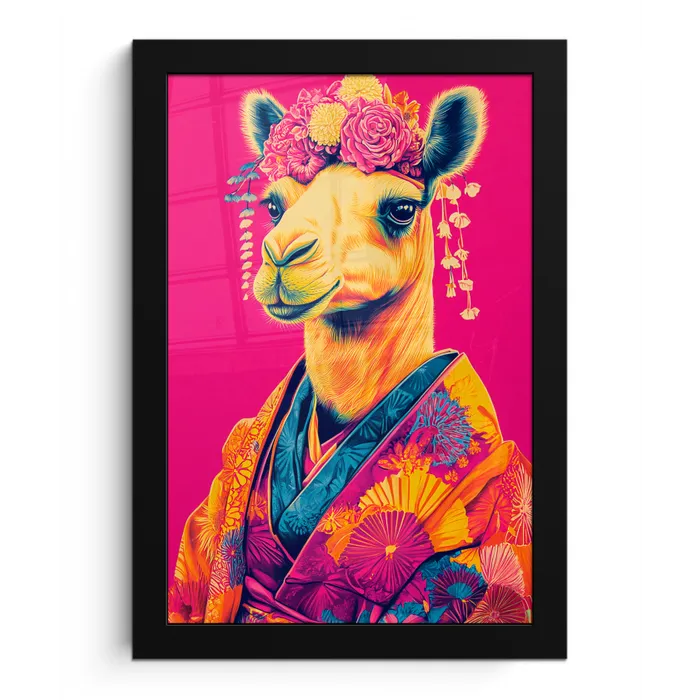 Kameel - Bloemen - Kimono - Waaiers fotolijst zwart zonder passe partout klein -3d