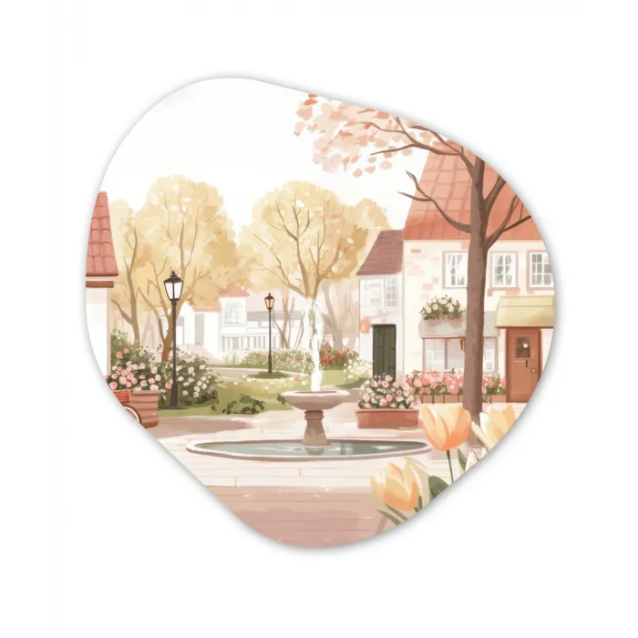 Dorpsplein - Fontein - Tulpen Wandcirkel Organisch Forex 3mm klein -3d