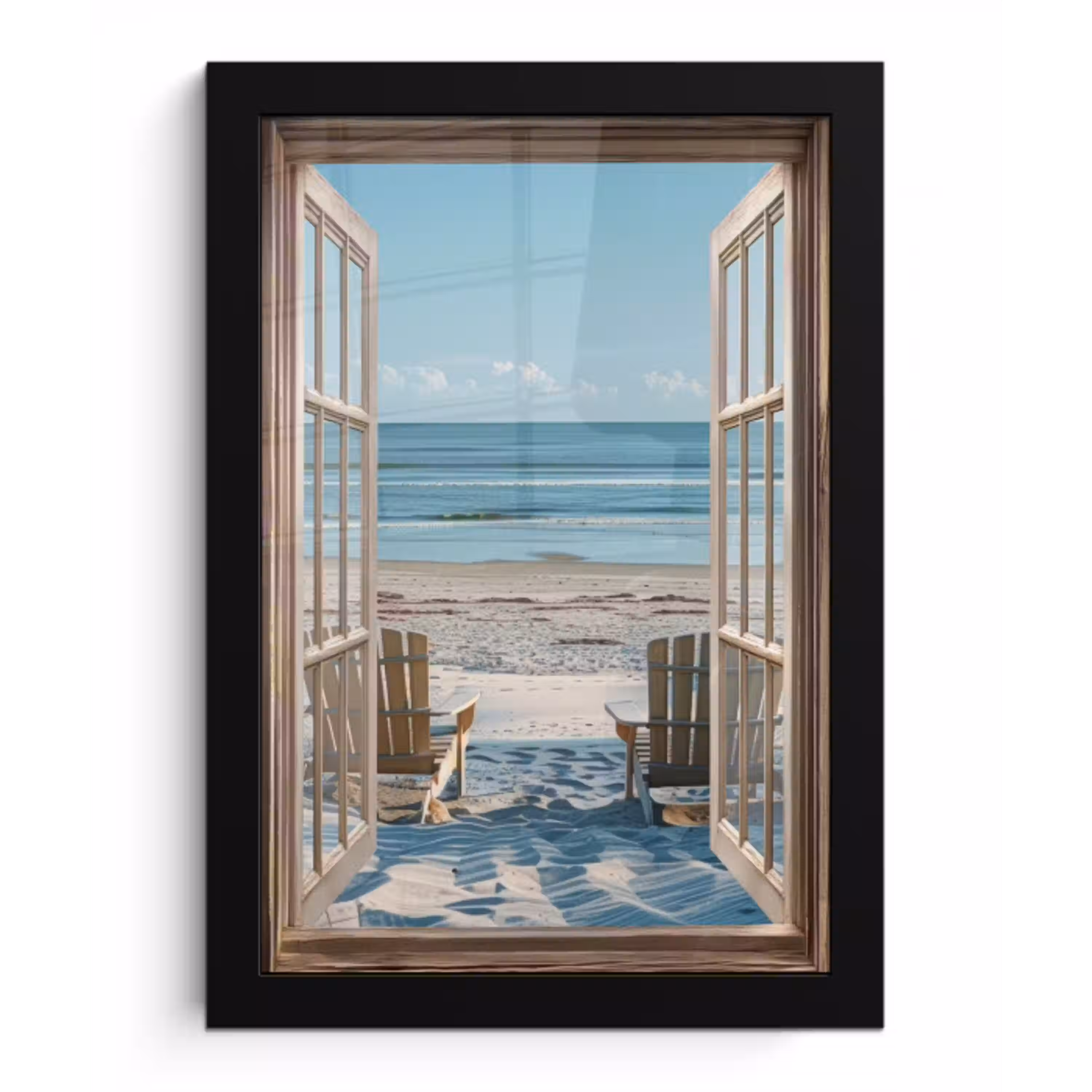 Doorkijk - Strandstoelen - Duinen - Zee - Natuur fotolijst zwart zonder passe partout klein -3d