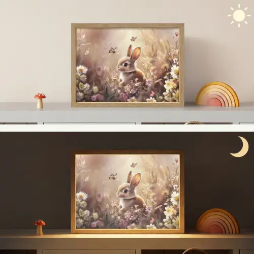 Konijntje - Bruin - Bloemen - Vlinders Light Box met batterij (Wandlamp kind) middel -sfeer3_kind