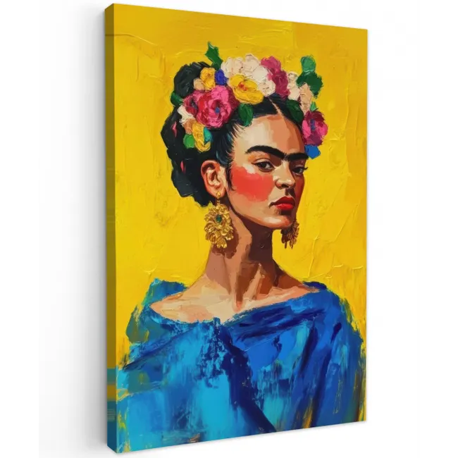 Frida Kahlo - Vrouw - Geel - Blauw - Bloemen canvas 2cm klein -z3d