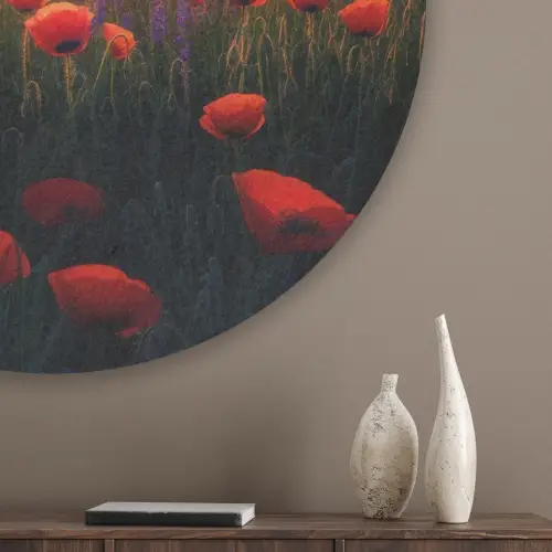 Landschap - Zonsondergang - Bloemenveld Akoestische PET Vilt - Rond klein -sfeer5_closeup