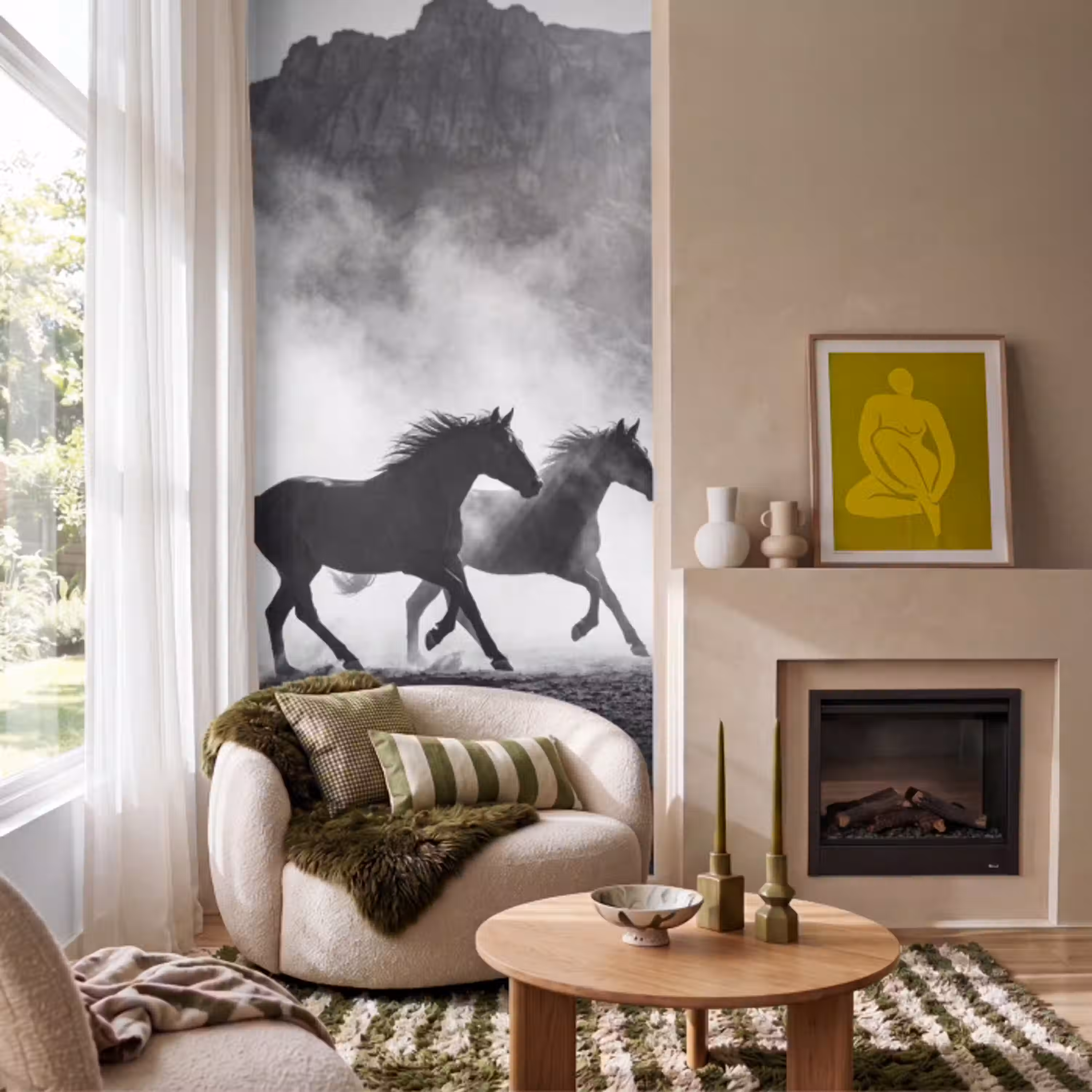 Paard - Ren - Stof - Zwart-wit - Dieren Behang Vlies klein -sfeer2