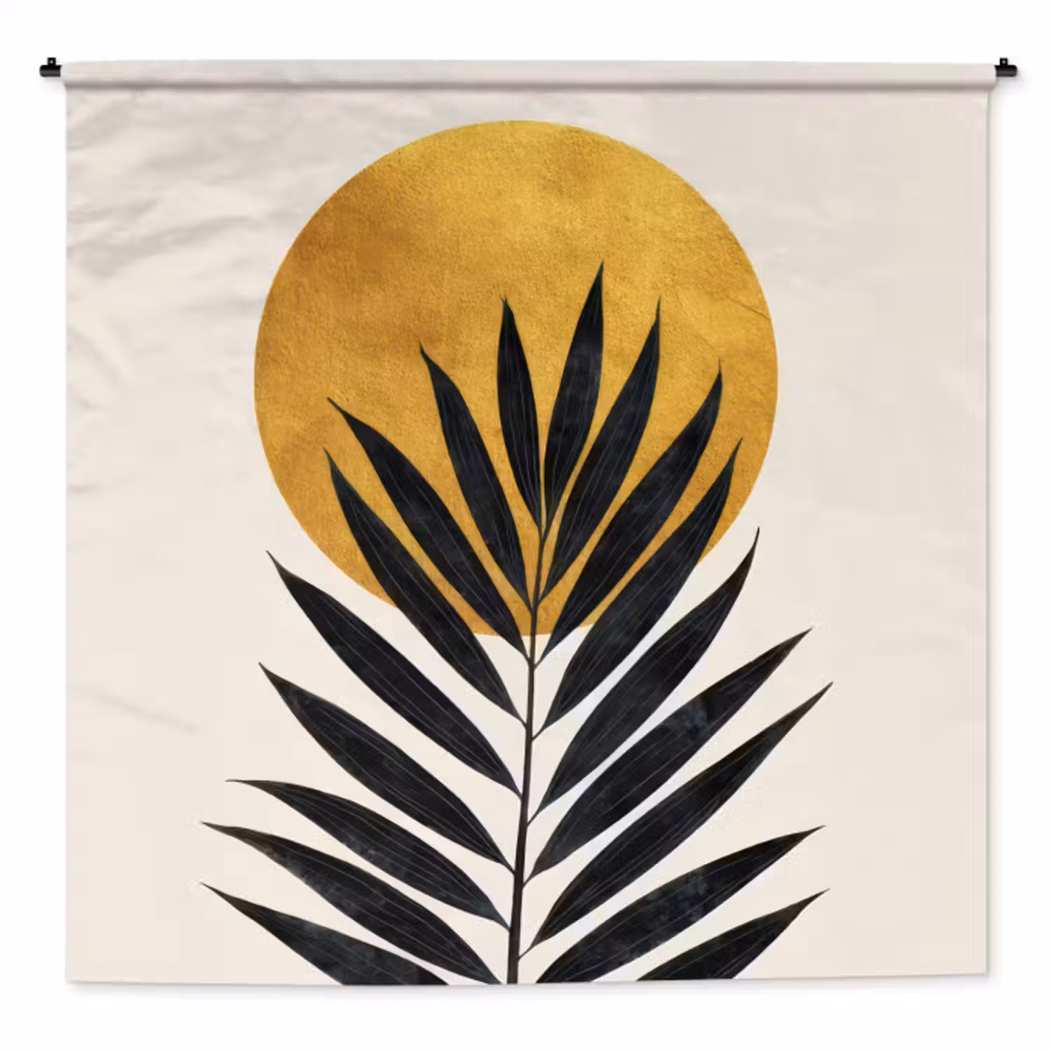 Wandkleed - Zwart palmblad - Gouden cirkel - Beige achtergrond