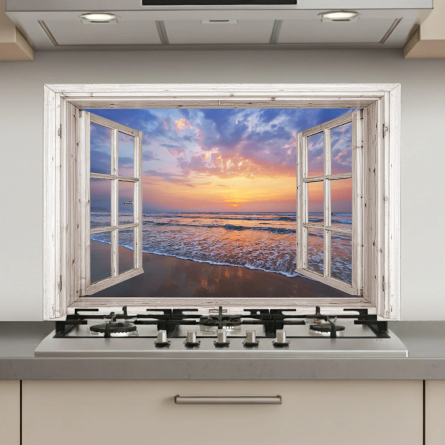 Doorkijk - Zee - Strand - Zonsondergang - Blauw keuken achterwand spatscherm klein -3d_website
