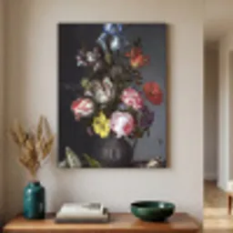 Bloemen in een vaas met schelpen en insecten - Balthasar van der Ast Textielframe zwart klein -sfeer1