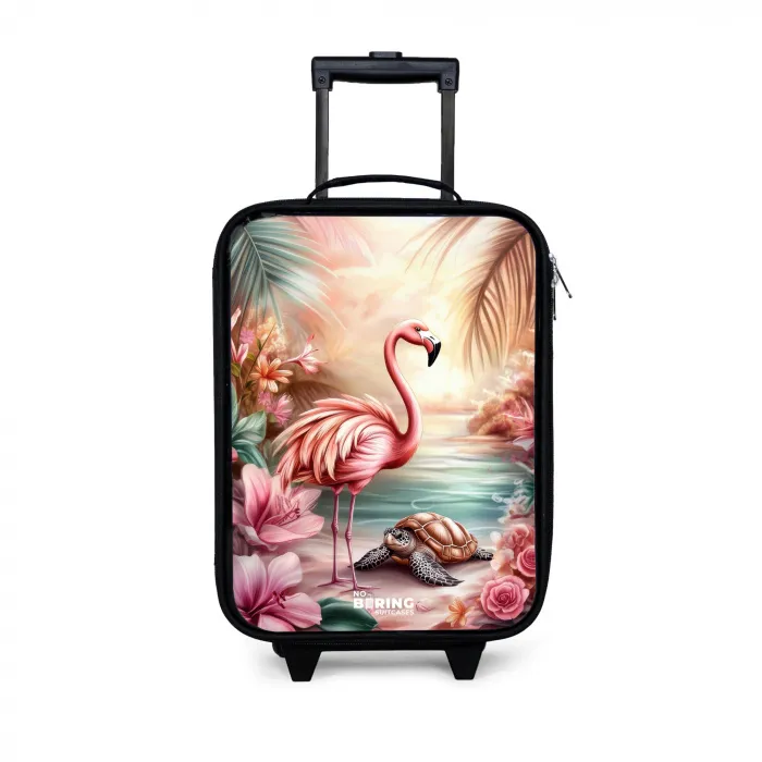 Flamingo en schildpad op een roze strand. Kinderkoffer - Zwart klein -3d
