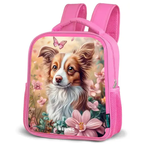 Hond in bloemenveld met vlinders Kinderrugzak - Roze middel -schuin