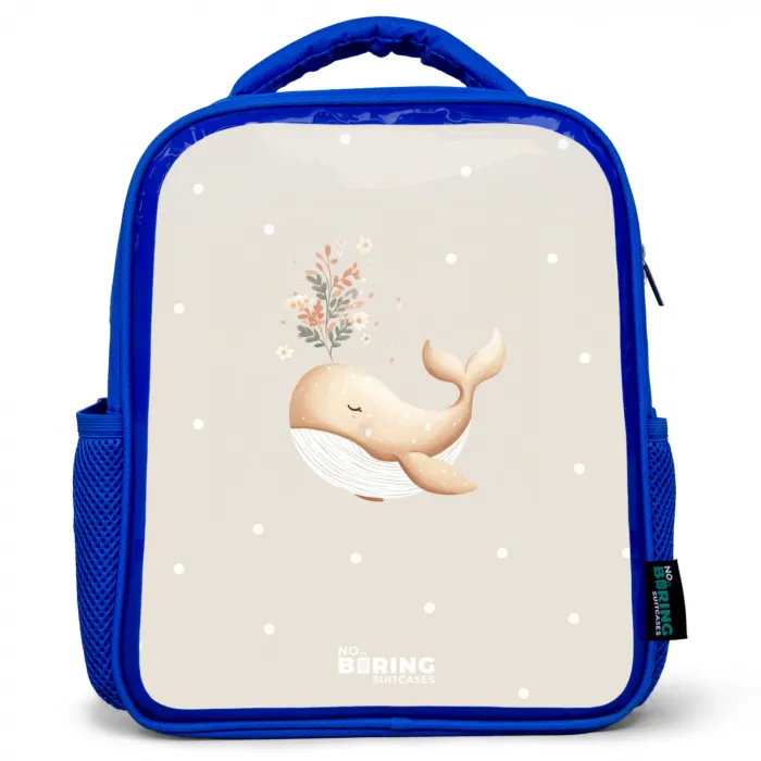 Beige walvis in bloemenzee Kinderrugzak - Blauw middel -3d
