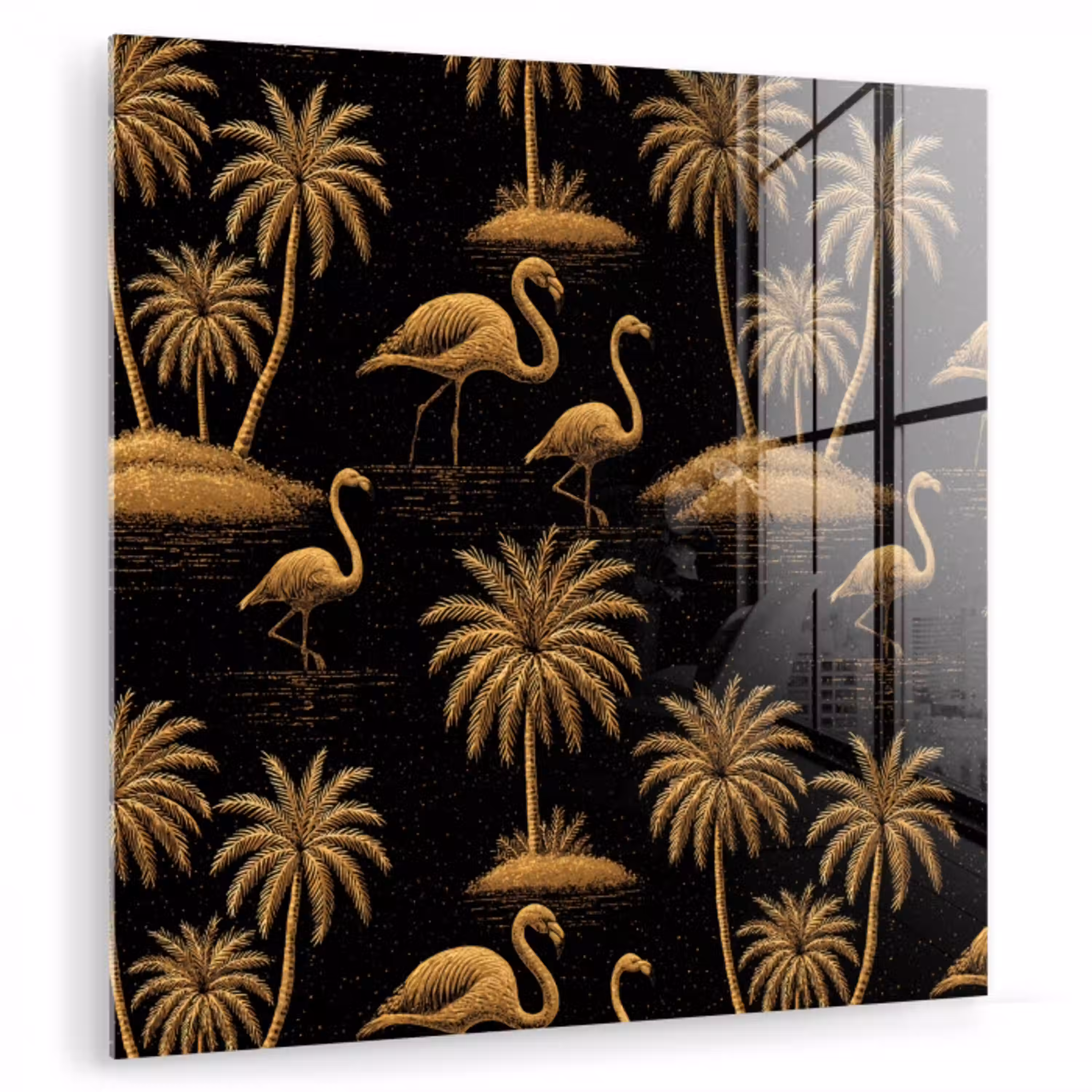 Flamingo - Palmbomen - Tropisch - Goud - Zwart plexiglas 5mm klein 11 -zzzproduct_nieuw