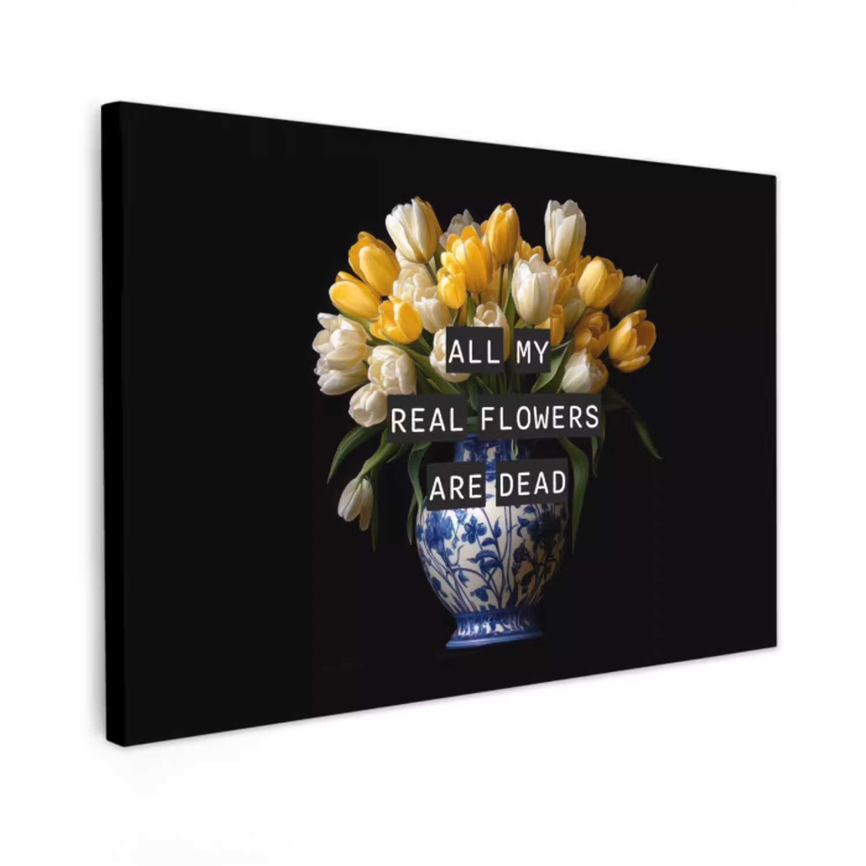 Quotes - Bloem - Tulp - Geel Tuinposter op houten frame 2 cm dik klein -3d